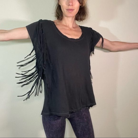 Free People Off Black Fringe Slouchy Soft Stretchy Tee Tunic - Picture 6 of 16